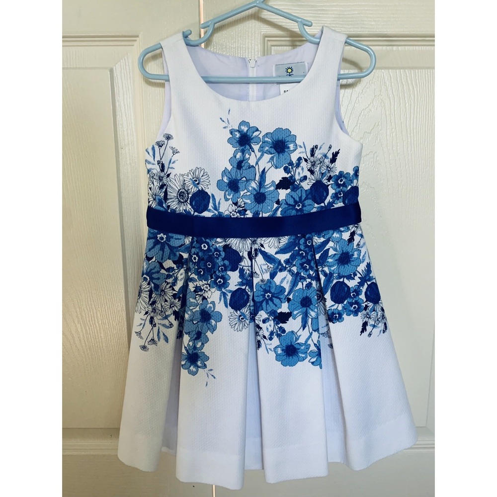 EUC Florence Eiseman Girls Blue White Pique Flower Dress Satin Bow size 4 Sample